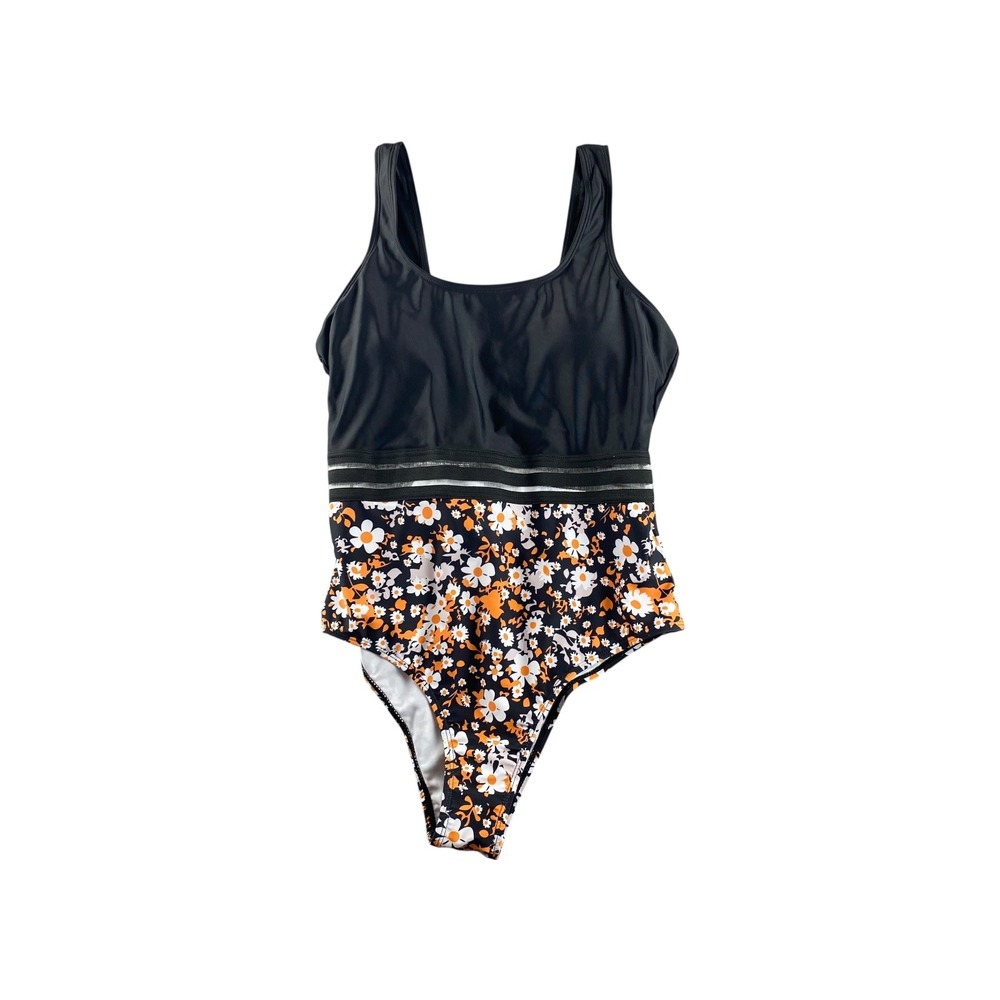 Womens One Piece Swimsuit Black Floral Print Tankini Style Mesh Accent Size L